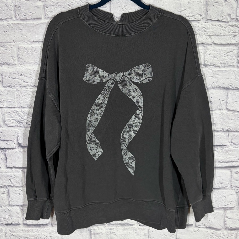 Aerie Gray Bow Graphic Sweatshirt Cozy Pullover Lounge Top Size M